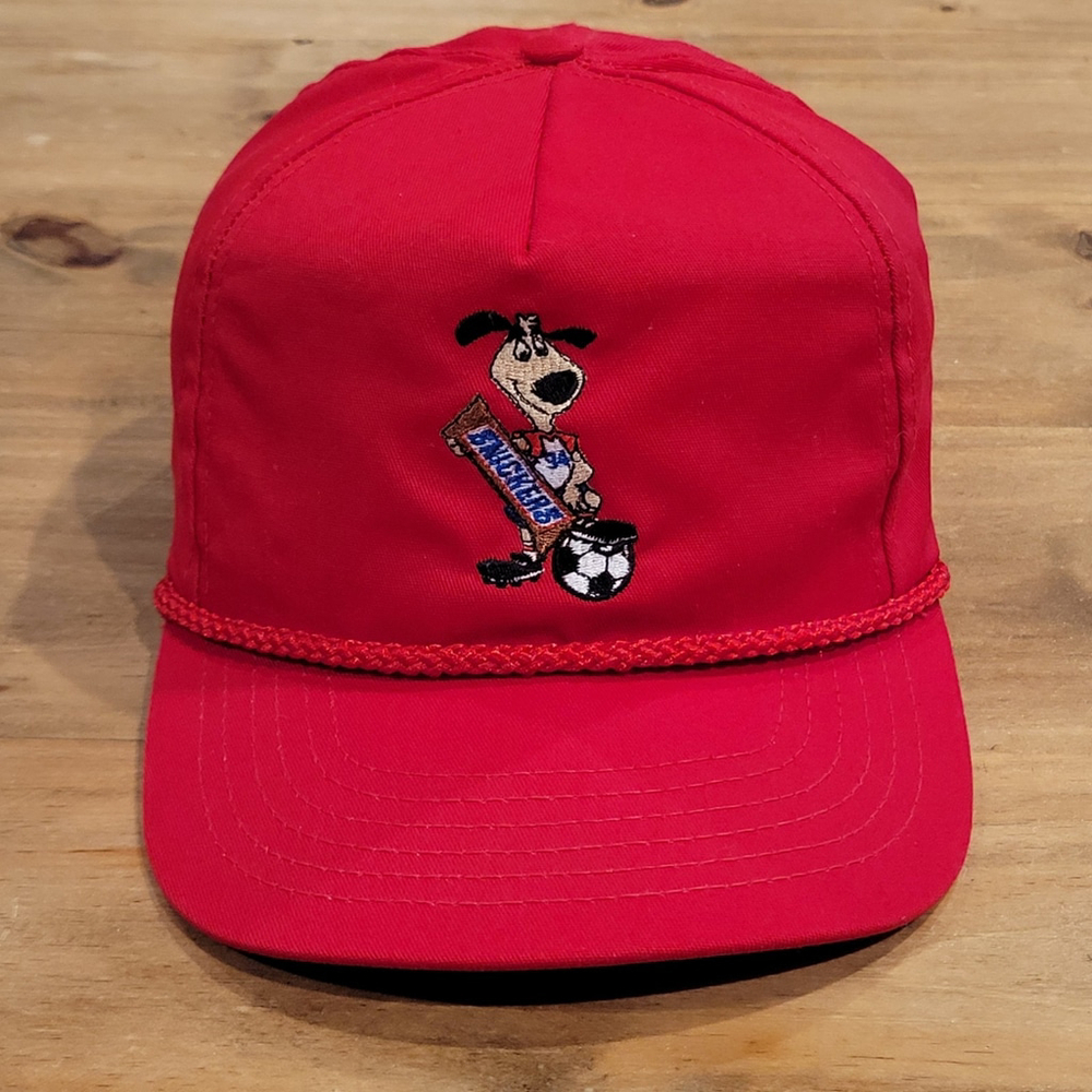 Vintage 1994 World Cup Snickers Striker Dog Mascot Snapback Hat Red USA 94 Cap